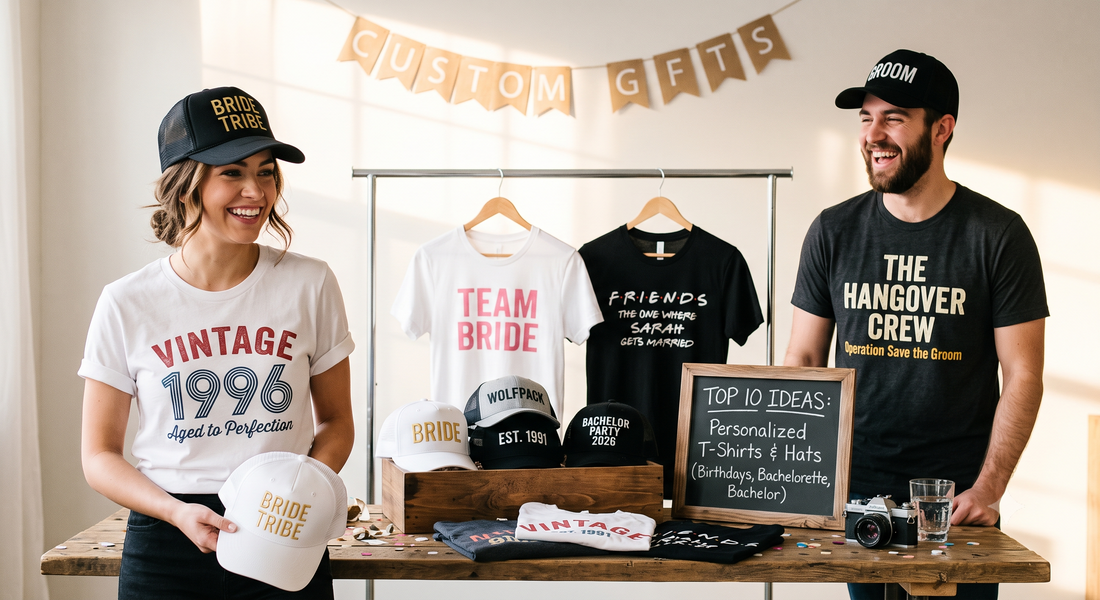 Display of personalized t-shirts and custom hats for birthday and wedding parties.