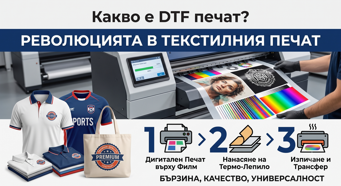 Инфографика обясняваща какво е DTF печат, показваща професионален текстилен принтер, брандирани дрехи, платнена чанта и 3-стъпковия процес на Direct-to-Film технологията.