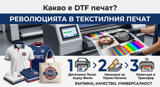 Инфографика обясняваща какво е DTF печат, показваща професионален текстилен принтер, брандирани дрехи, платнена чанта и 3-стъпковия процес на Direct-to-Film технологията.