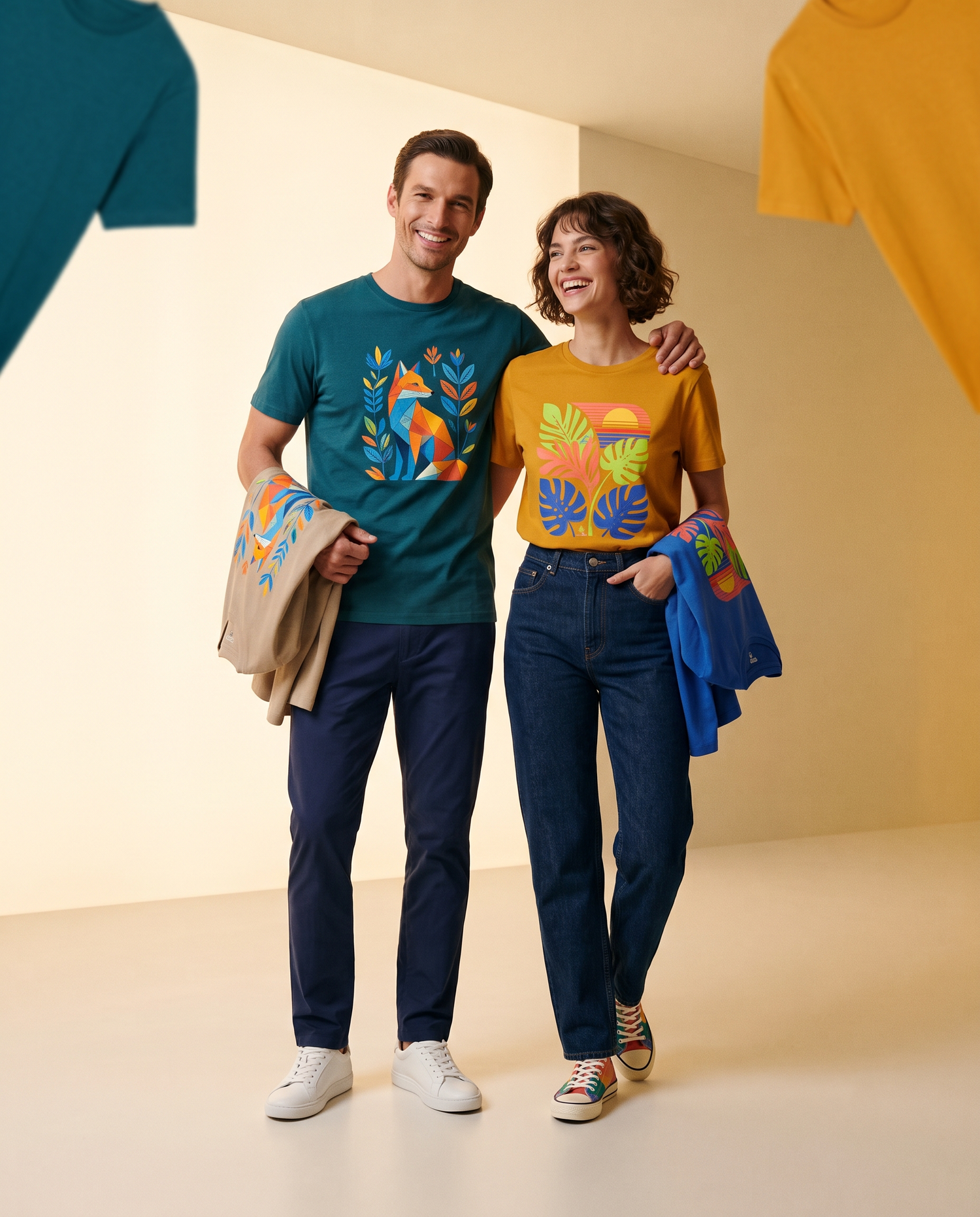 A smiling man and woman stand together in casual t-shirts and jeans. The man wears a geometric fox design; the woman wears tropical leaves. Both hold extra shirts. The background is simple.