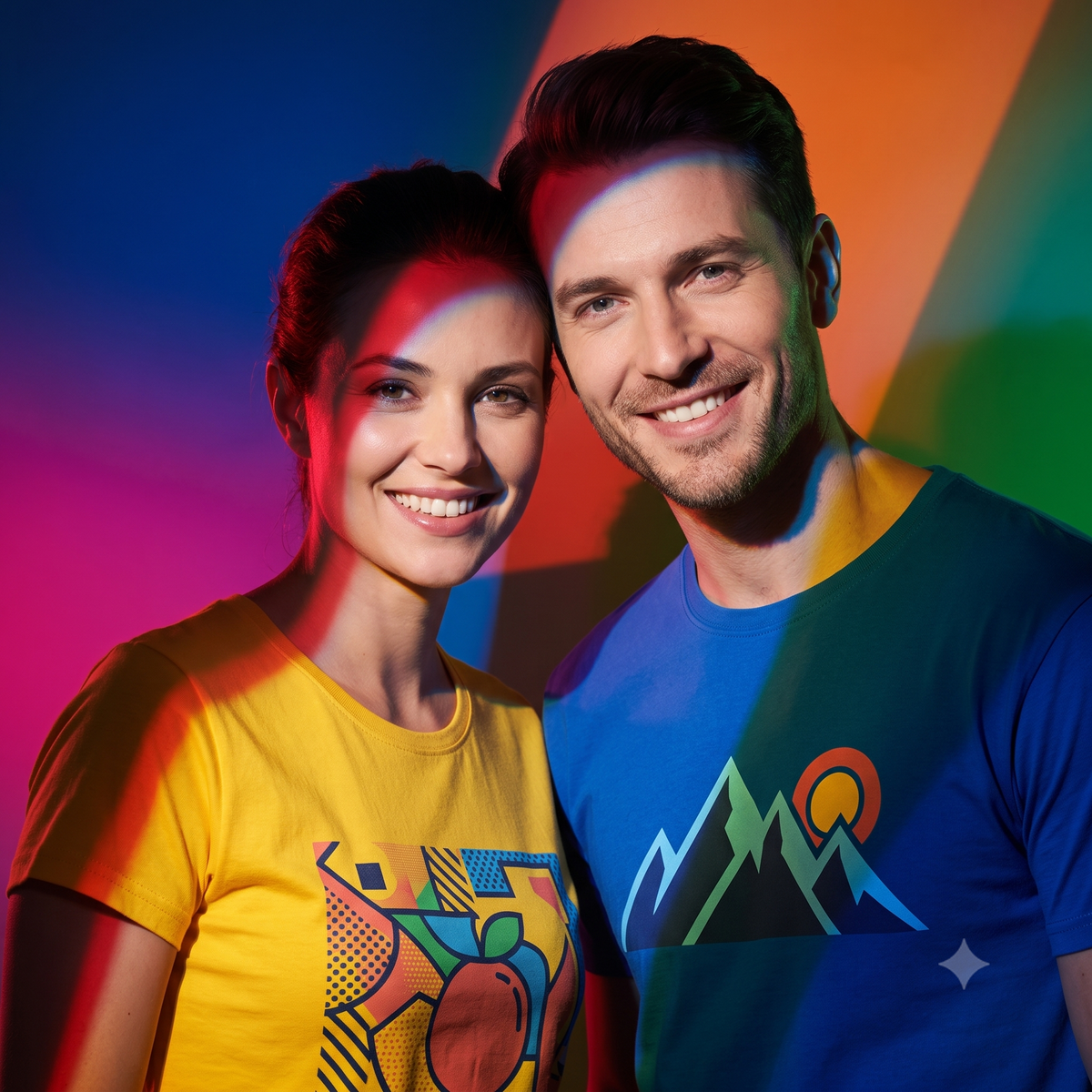 A smiling man and woman stand together in casual t-shirts and jeans. The man wears a geometric fox design; the woman wears tropical leaves. Both hold extra shirts. The background is simple.
