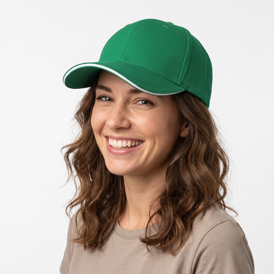 A smiling woman with wavy brown hair wearing a bright green baseball cap with a thin white piping detail along the edge of the brim, set against a plain light gray background.