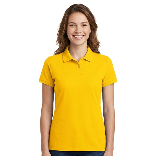 A smiling woman with brown hair wearing a bright yellow short-sleeve polo shirt, shown against a plain white background.